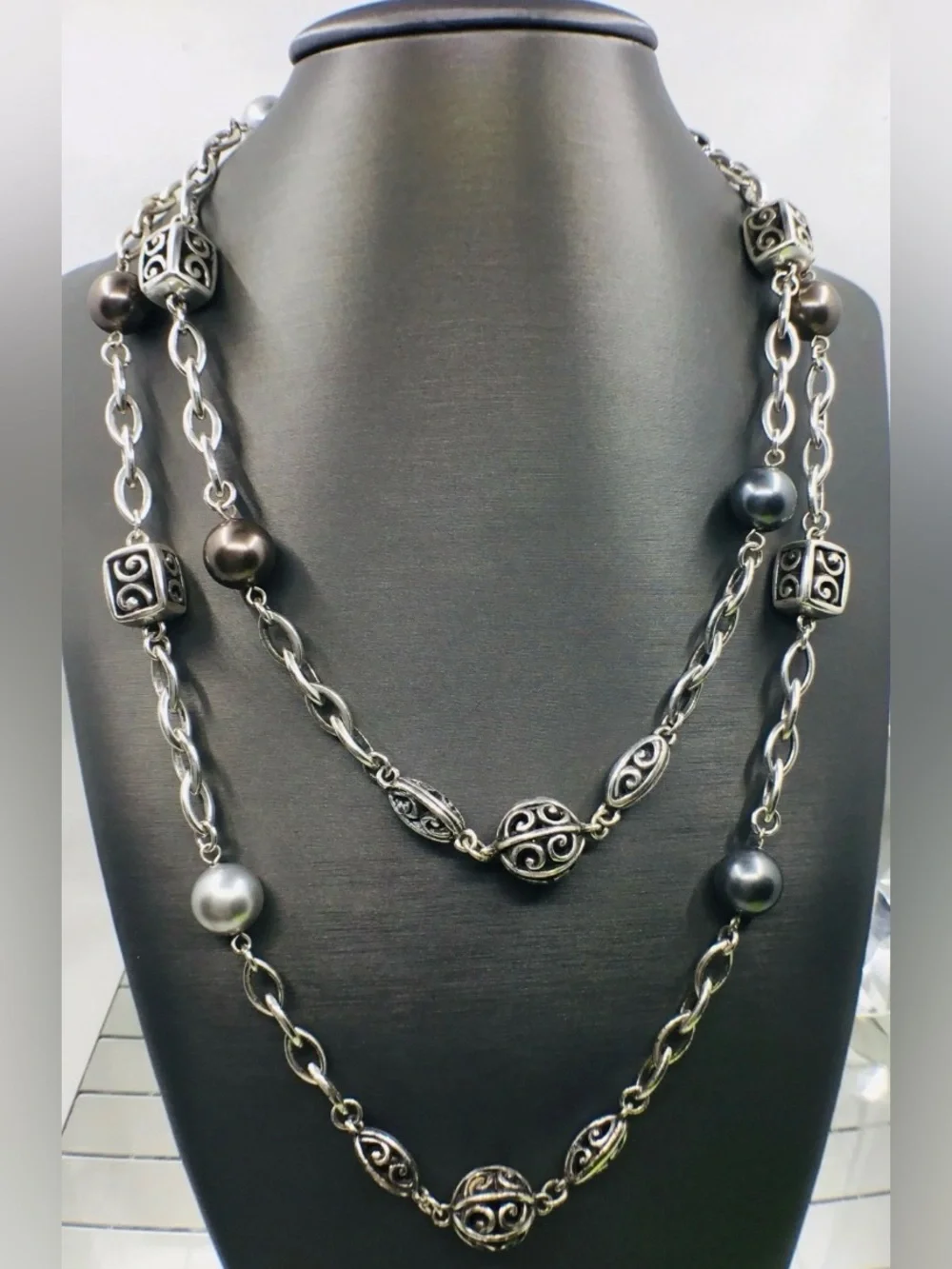 Brighton Ball Cube Pearl Gray Brown Silver Long Silver Necklace/ belt retired